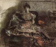 Mikhail Vrubel Arter the concert:nadezhda zabela-Vrubel by the fireplace wearing a dress designed by the artist oil painting artist